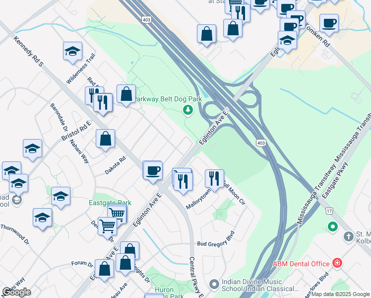 map of restaurants, bars, coffee shops, grocery stores, and more near 695 Candlestick Circle in Mississauga