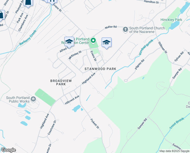 map of restaurants, bars, coffee shops, grocery stores, and more near 710 Highland Avenue in South Portland