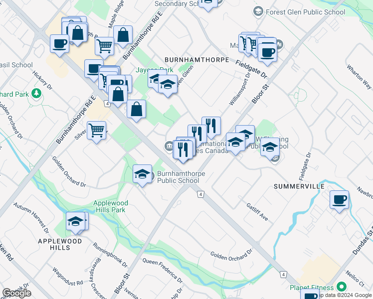 map of restaurants, bars, coffee shops, grocery stores, and more near 1455 Williamsport Drive in Mississauga