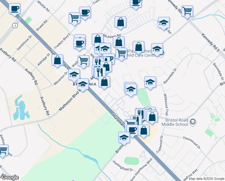 map of restaurants, bars, coffee shops, grocery stores, and more near 5552 Cortina Crescent in Mississauga