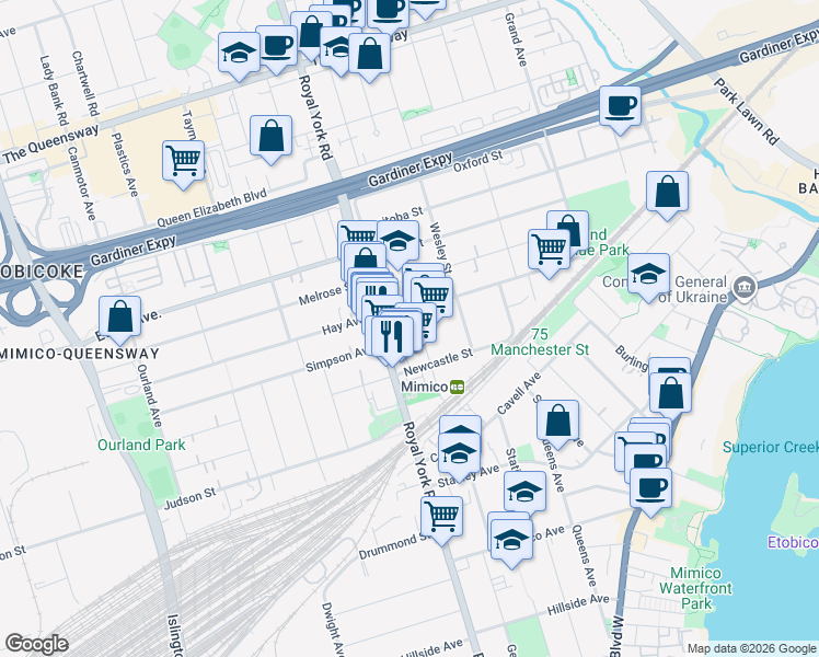 map of restaurants, bars, coffee shops, grocery stores, and more near in Toronto