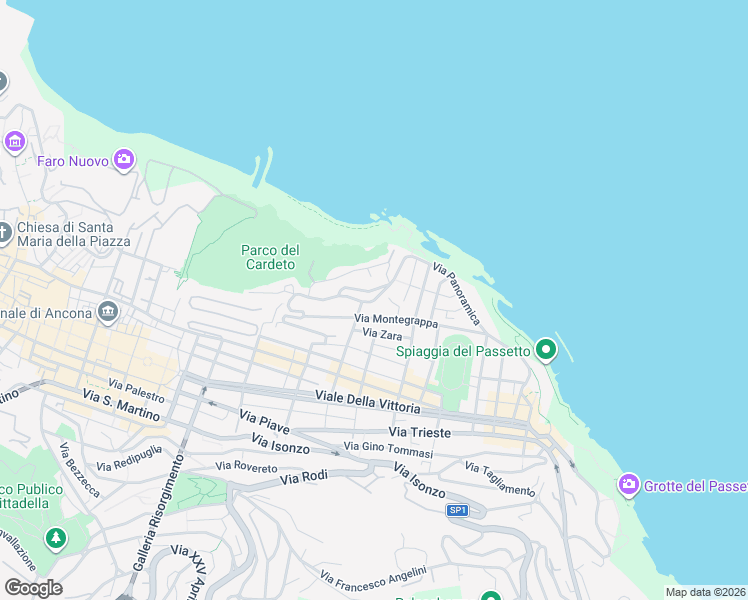 map of restaurants, bars, coffee shops, grocery stores, and more near 22 Via Montegrappa in Ancona