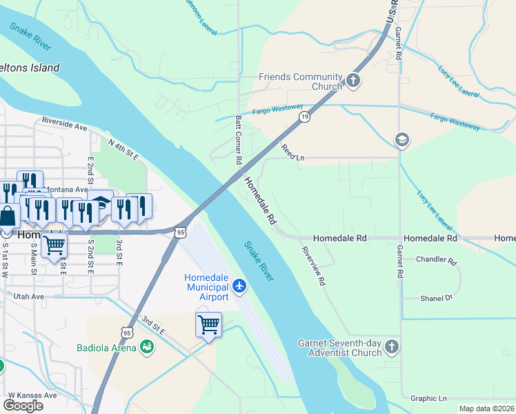 map of restaurants, bars, coffee shops, grocery stores, and more near 26645 Homedale Road in Wilder