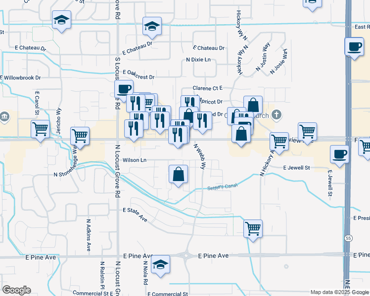 map of restaurants, bars, coffee shops, grocery stores, and more near 2065 East Fairview Avenue in Meridian
