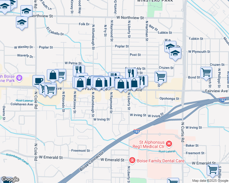 map of restaurants, bars, coffee shops, grocery stores, and more near 1488 North Raymond Street in Boise