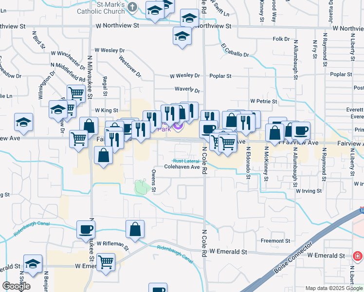 map of restaurants, bars, coffee shops, grocery stores, and more near 7415 West Fairview Avenue in Boise