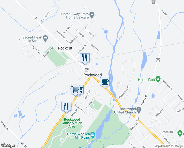 map of restaurants, bars, coffee shops, grocery stores, and more near 106 Main Street North in Rockwood