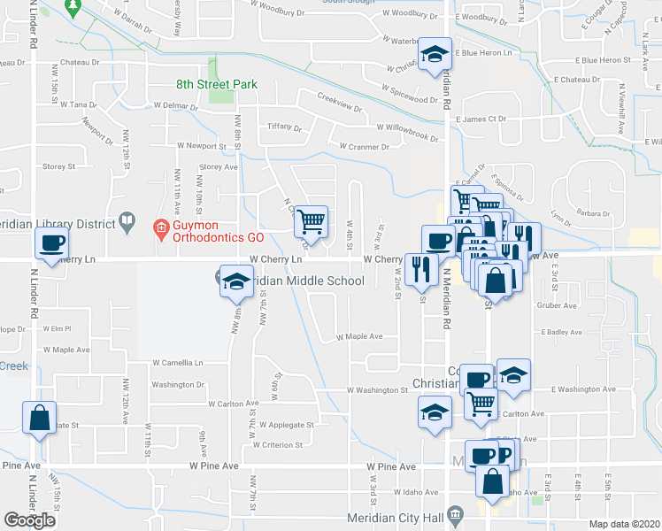map of restaurants, bars, coffee shops, grocery stores, and more near 1607 West 4th Street in Meridian