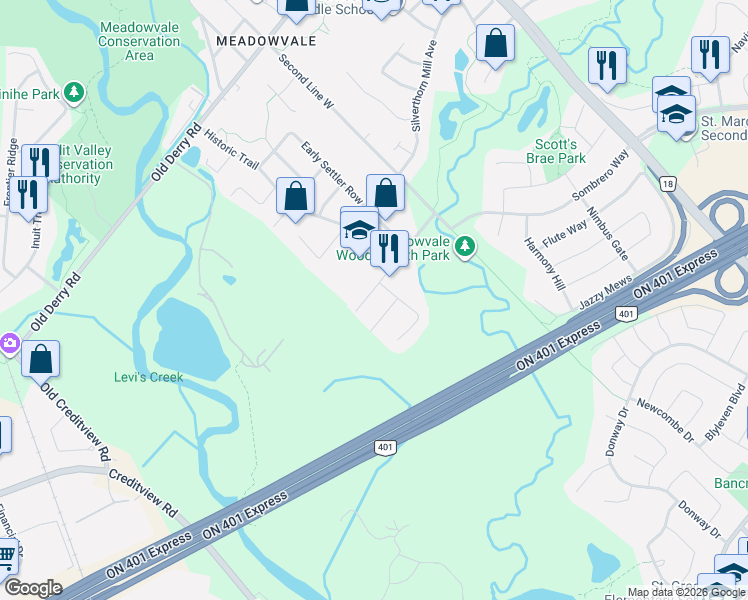 map of restaurants, bars, coffee shops, grocery stores, and more near 1122 Lamplight Way in Mississauga
