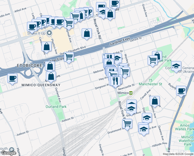 map of restaurants, bars, coffee shops, grocery stores, and more near 46 Hay Avenue in Toronto
