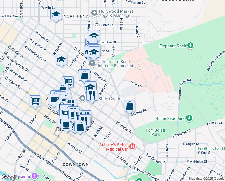 map of restaurants, bars, coffee shops, grocery stores, and more near 501 West Franklin Street in Boise