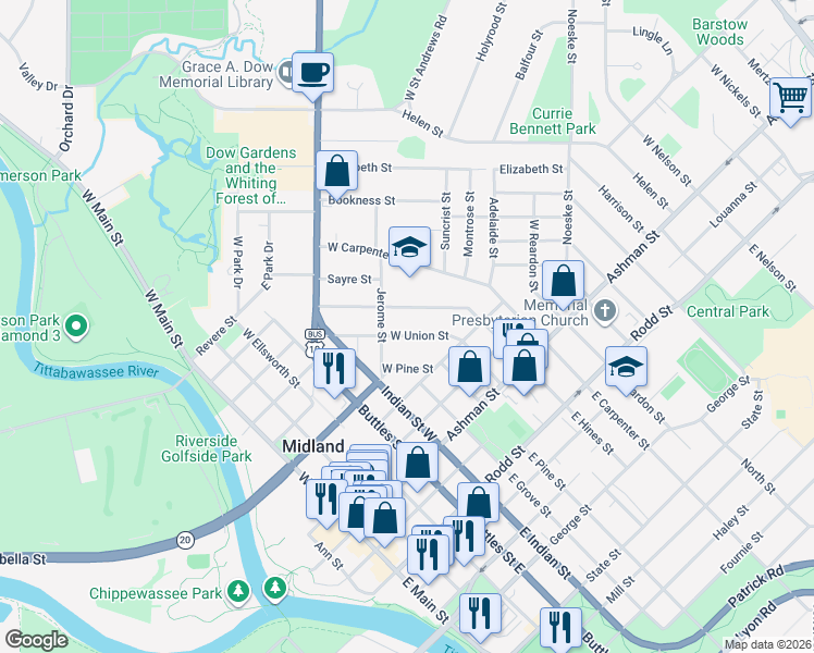 map of restaurants, bars, coffee shops, grocery stores, and more near 1315 West Union Street in Midland