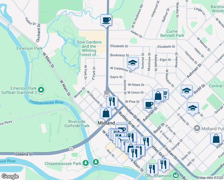map of restaurants, bars, coffee shops, grocery stores, and more near 1607 West Union Street in Midland
