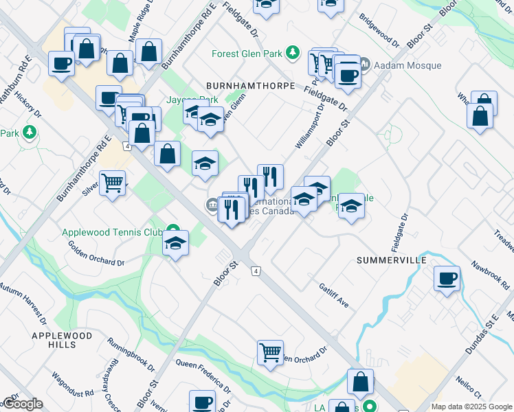 map of restaurants, bars, coffee shops, grocery stores, and more near 1470 Williamsport Drive in Mississauga