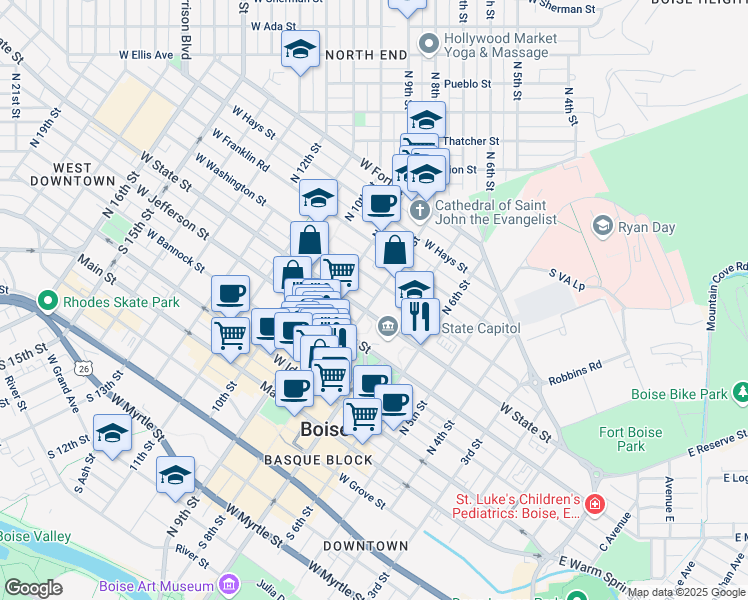 map of restaurants, bars, coffee shops, grocery stores, and more near 512 North 8th Street in Boise