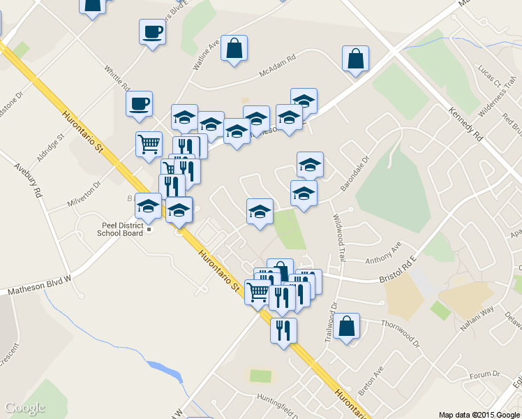 map of restaurants, bars, coffee shops, grocery stores, and more near 5512 Whistler Crescent in Mississauga