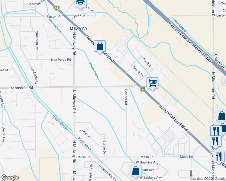 map of restaurants, bars, coffee shops, grocery stores, and more near 5712 Homedale Road in Nampa