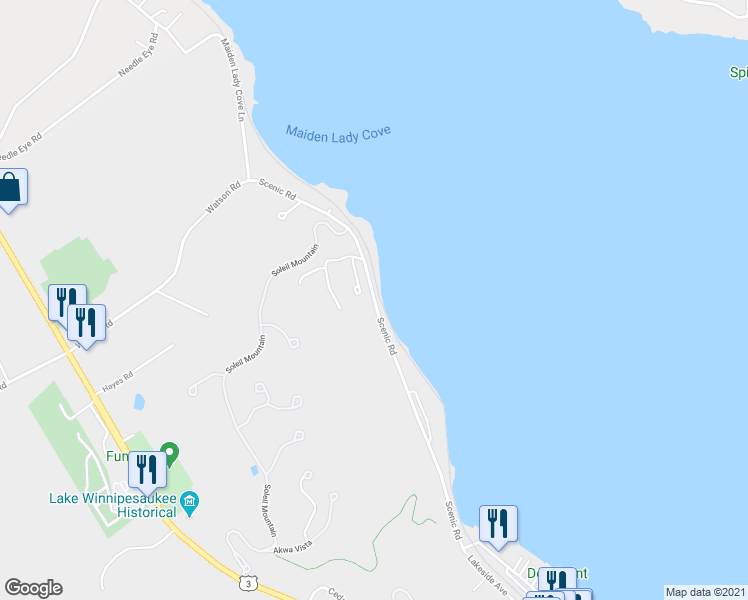 map of restaurants, bars, coffee shops, grocery stores, and more near 629 Scenic Road in Laconia