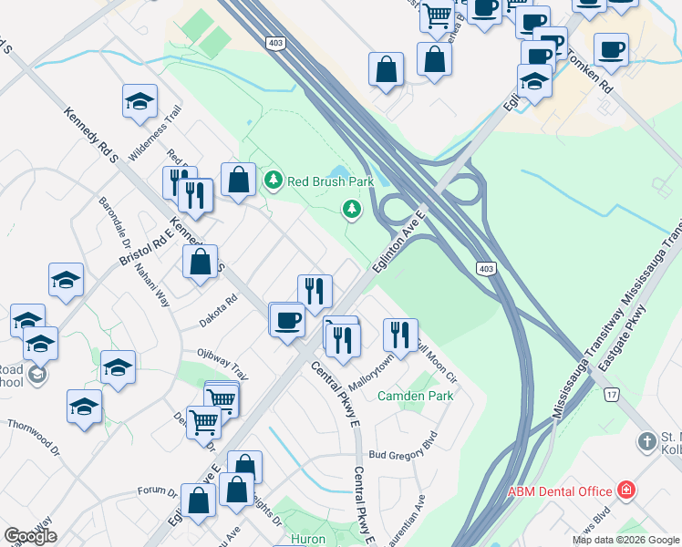 map of restaurants, bars, coffee shops, grocery stores, and more near 590 Candlestick Circle in Mississauga