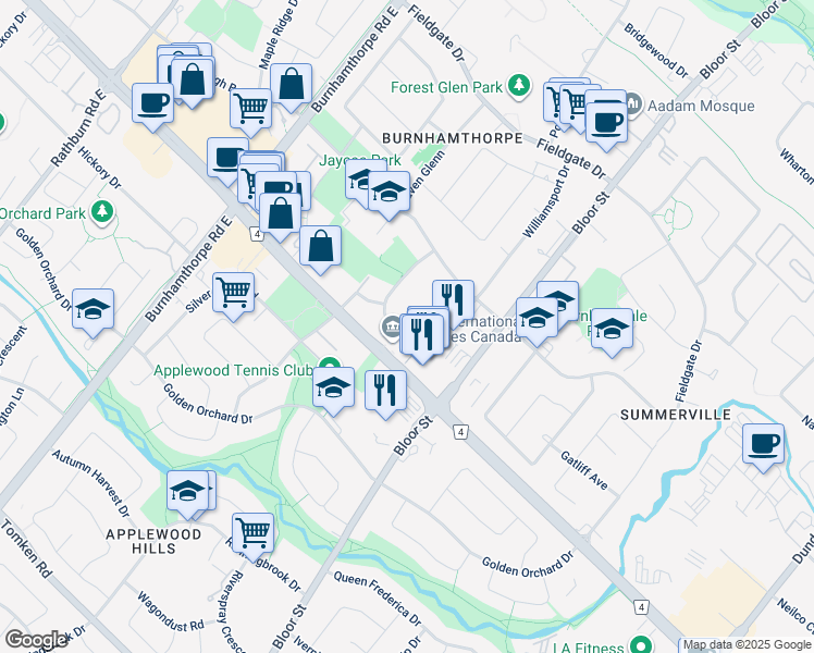 map of restaurants, bars, coffee shops, grocery stores, and more near 1395 Williamsport Drive in Mississauga