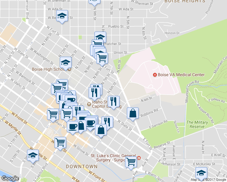 map of restaurants, bars, coffee shops, grocery stores, and more near 501 West Franklin Street in Boise