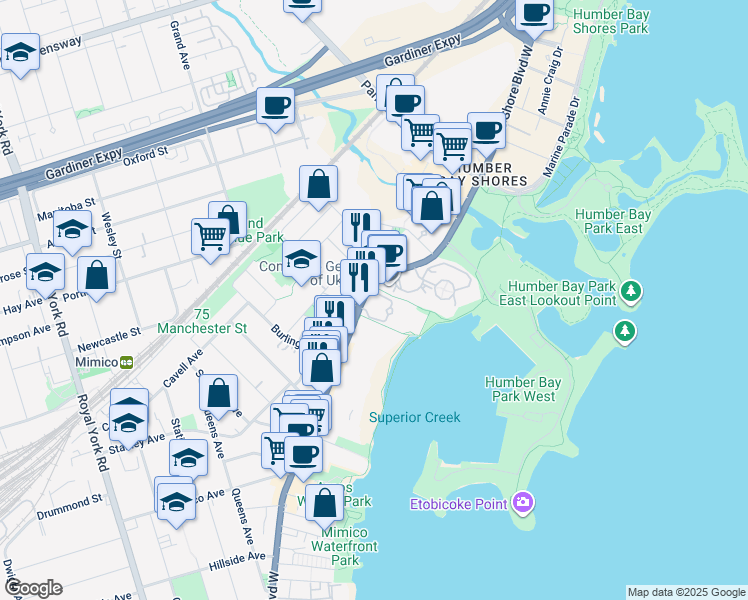 map of restaurants, bars, coffee shops, grocery stores, and more near 2281 Lake Shore Boulevard West in Toronto