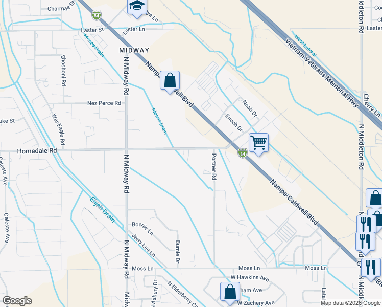 map of restaurants, bars, coffee shops, grocery stores, and more near 5712 Homedale Road in Nampa