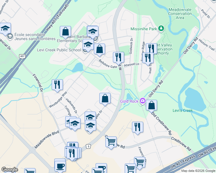map of restaurants, bars, coffee shops, grocery stores, and more near 7105 Branigan Gate in Mississauga