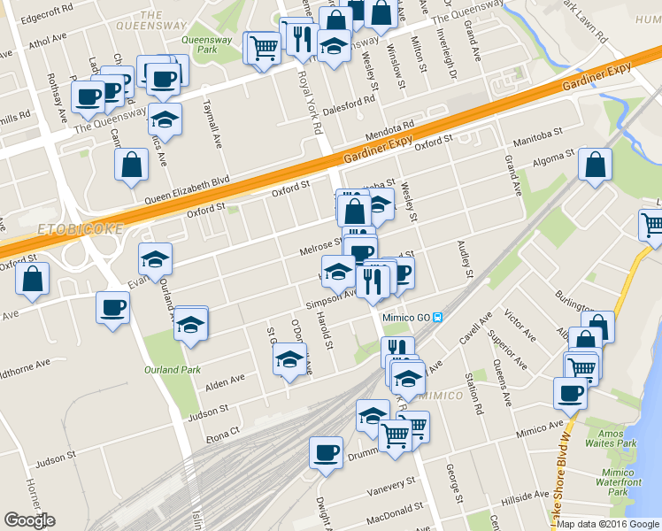 map of restaurants, bars, coffee shops, grocery stores, and more near in Toronto