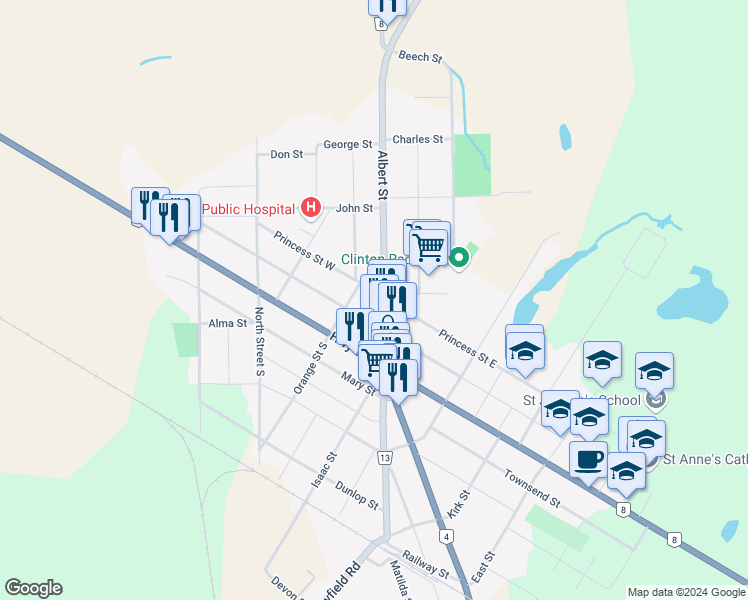 map of restaurants, bars, coffee shops, grocery stores, and more near 46 Albert Street in Clinton