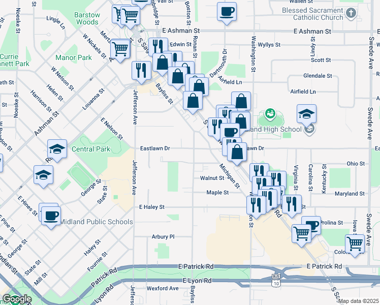 map of restaurants, bars, coffee shops, grocery stores, and more near 413 Cherry Street in Midland