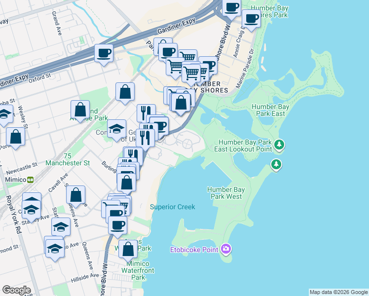 map of restaurants, bars, coffee shops, grocery stores, and more near 2267 Lake Shore Boulevard West in Toronto