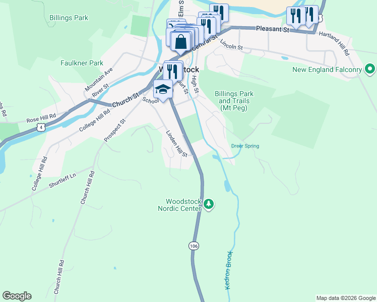 map of restaurants, bars, coffee shops, grocery stores, and more near 55 Linden Hill in Woodstock