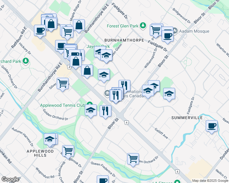 map of restaurants, bars, coffee shops, grocery stores, and more near 1395 Williamsport Drive in Mississauga