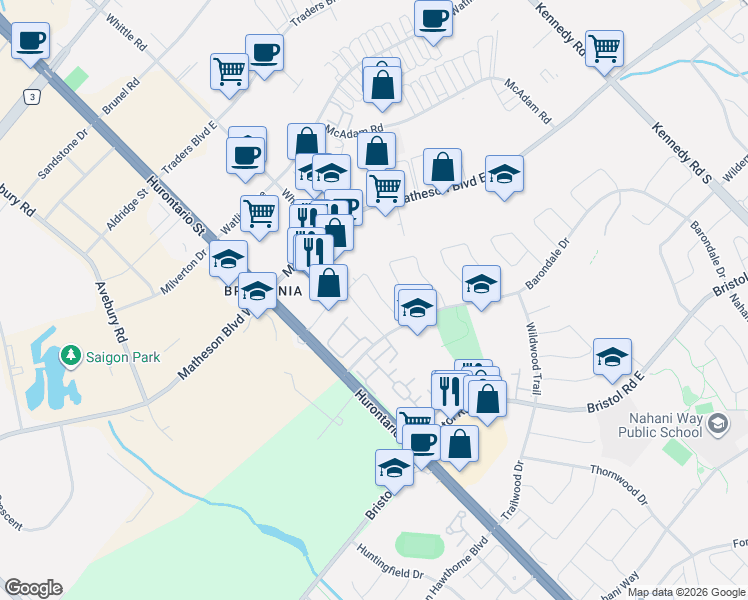map of restaurants, bars, coffee shops, grocery stores, and more near 5523 Cortina Crescent in Mississauga