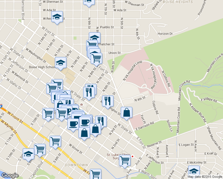 map of restaurants, bars, coffee shops, grocery stores, and more near 509 W Hays St in Boise
