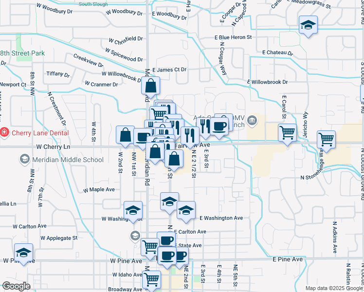 map of restaurants, bars, coffee shops, grocery stores, and more near E Fairview Ave & N Main St in Meridian