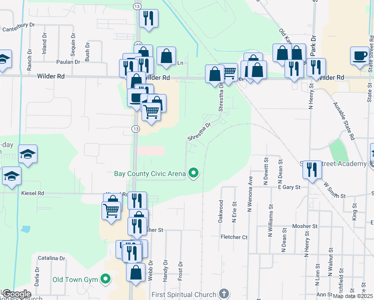map of restaurants, bars, coffee shops, grocery stores, and more near 4161 Shrestha Drive in Bay City