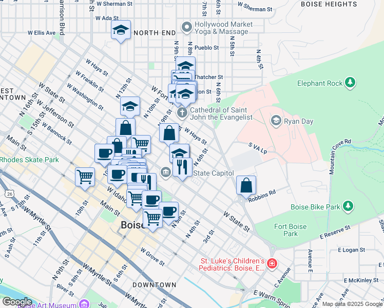 map of restaurants, bars, coffee shops, grocery stores, and more near 623 West Hays Street in Boise