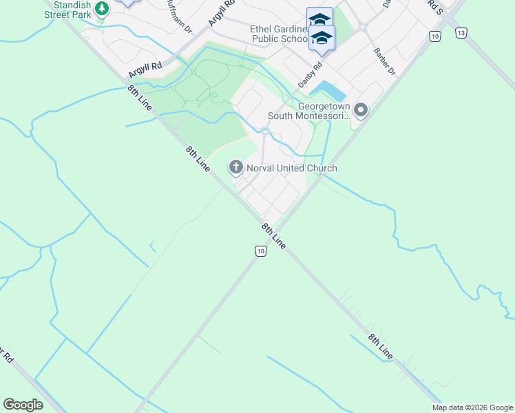 map of restaurants, bars, coffee shops, grocery stores, and more near 39 Rain Forest Lane in Halton Hills