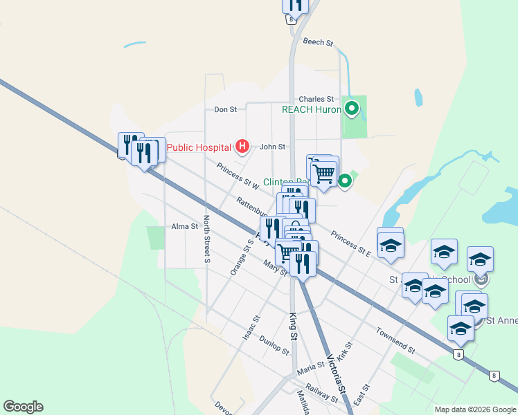 map of restaurants, bars, coffee shops, grocery stores, and more near 67 Rattenbury Street West in Clinton