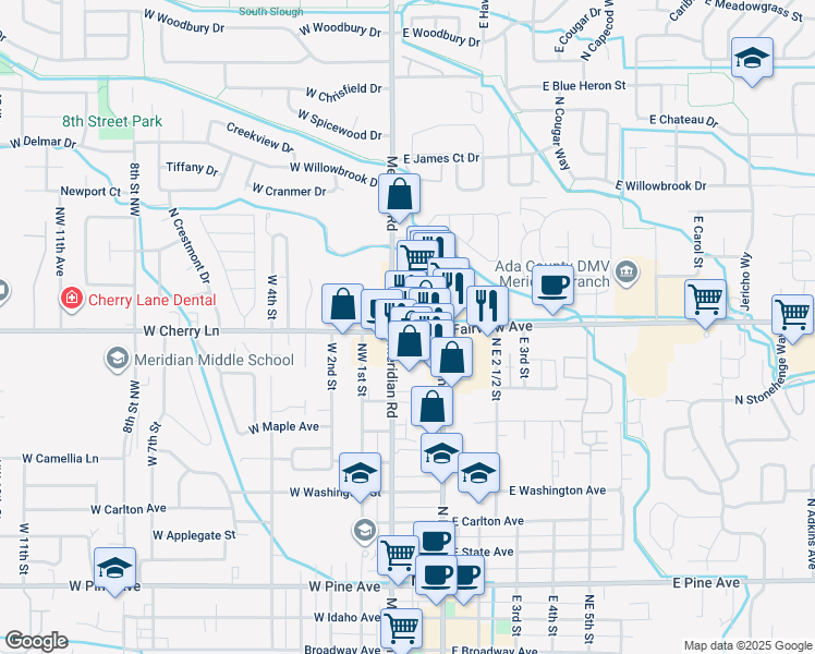 map of restaurants, bars, coffee shops, grocery stores, and more near 62 East Fairview Avenue in Meridian