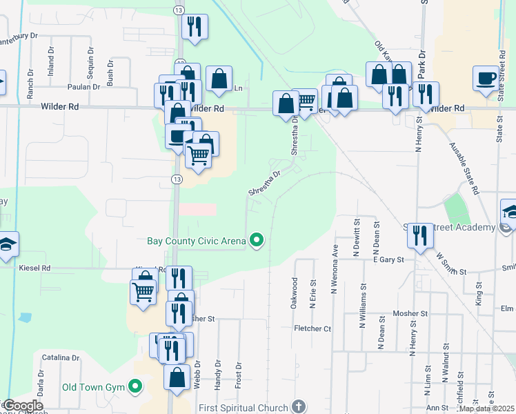 map of restaurants, bars, coffee shops, grocery stores, and more near 4161 Shrestha Drive in Bay City