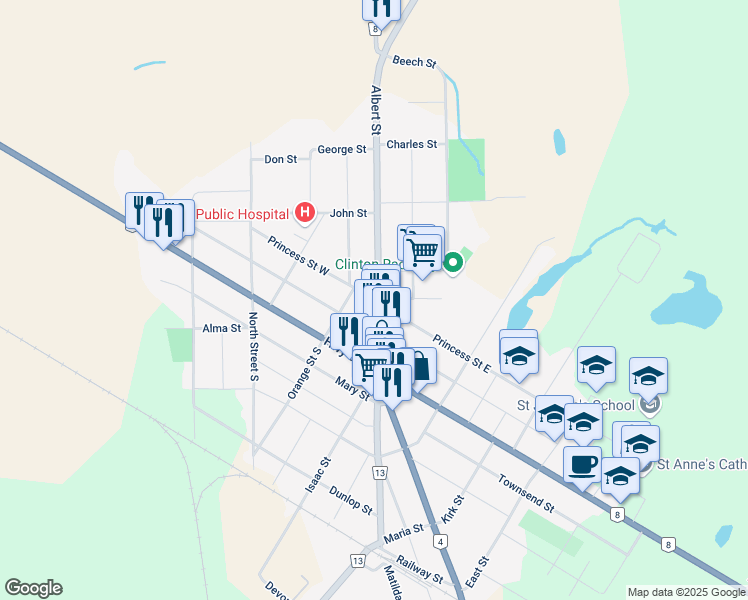 map of restaurants, bars, coffee shops, grocery stores, and more near 102 Huron County Road 4 in Clinton