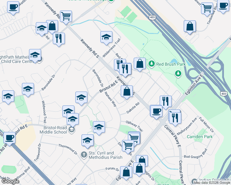 map of restaurants, bars, coffee shops, grocery stores, and more near 455 Apache Court in Mississauga