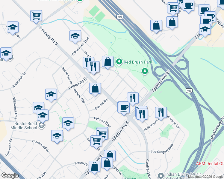 map of restaurants, bars, coffee shops, grocery stores, and more near 525 Indian Summer Trail in Mississauga