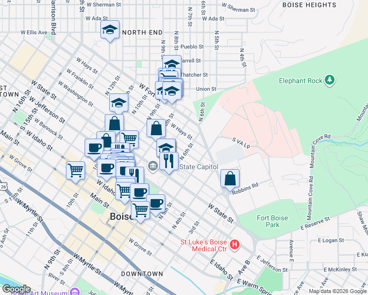 map of restaurants, bars, coffee shops, grocery stores, and more near 623 West Hays Street in Boise