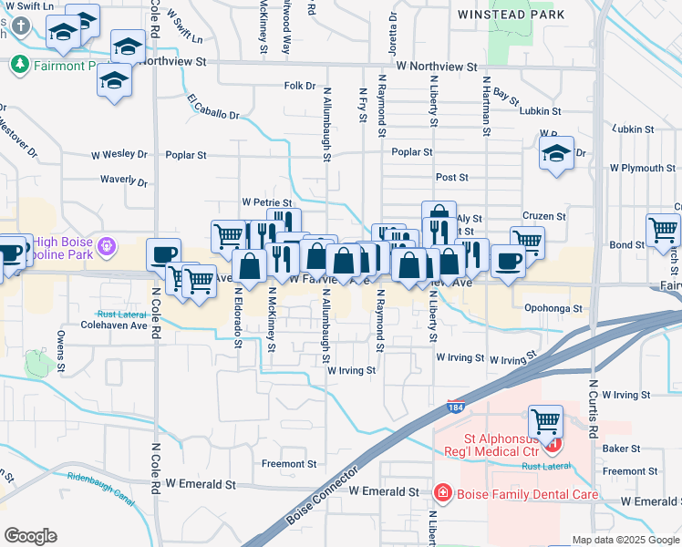 map of restaurants, bars, coffee shops, grocery stores, and more near 1623 North Fry Street in Boise