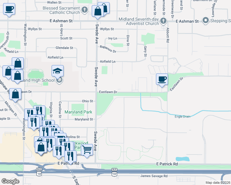 map of restaurants, bars, coffee shops, grocery stores, and more near 1025 East Wheeler Street in Midland Township
