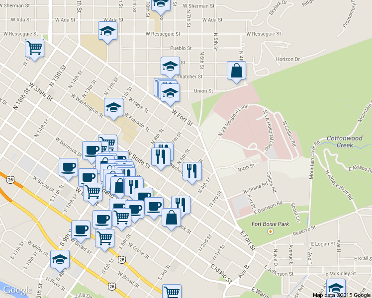 map of restaurants, bars, coffee shops, grocery stores, and more near 709 North 6th Street in Boise